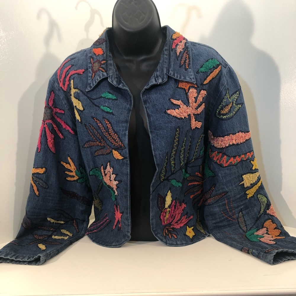 Chicos Multi-color patched Jean Jacket; size 3